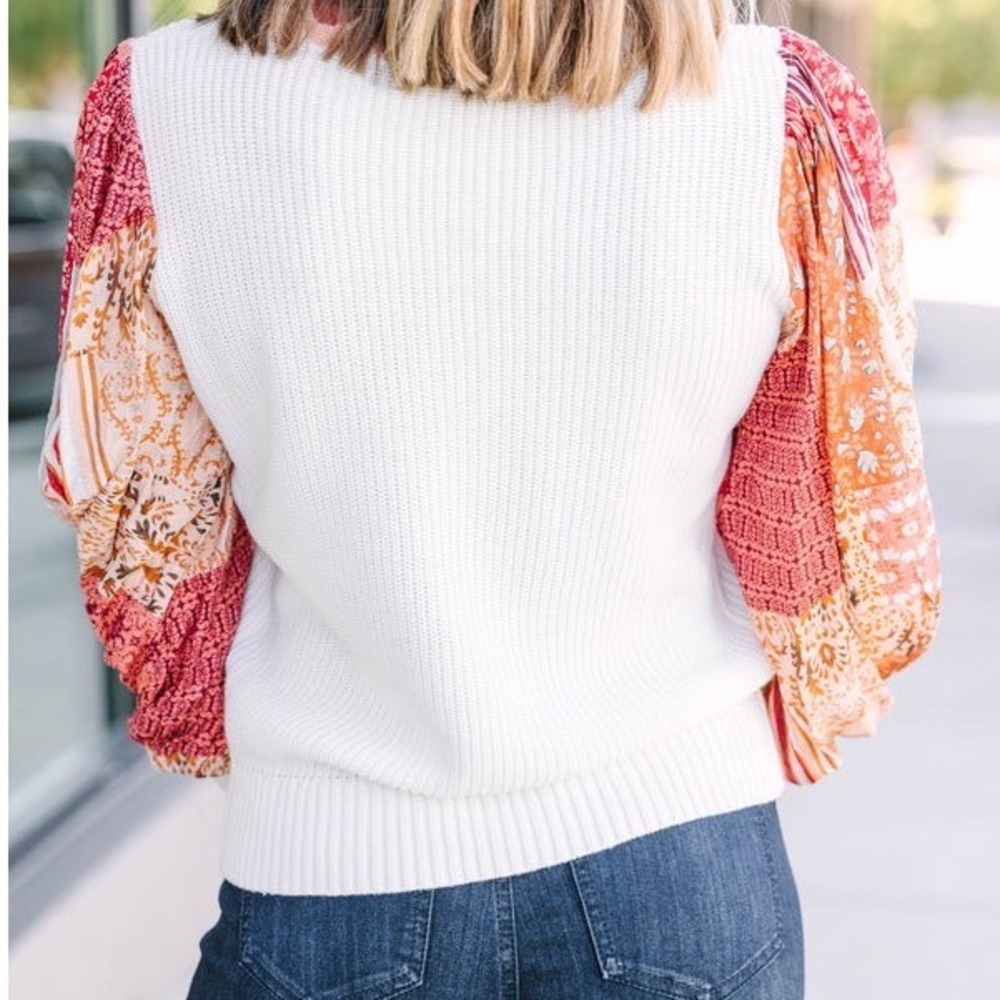 Boho White Ribbed Rust‎ Orange Patchwork Balloon Sleeve Sweater Size Small - Picture 6 of 6